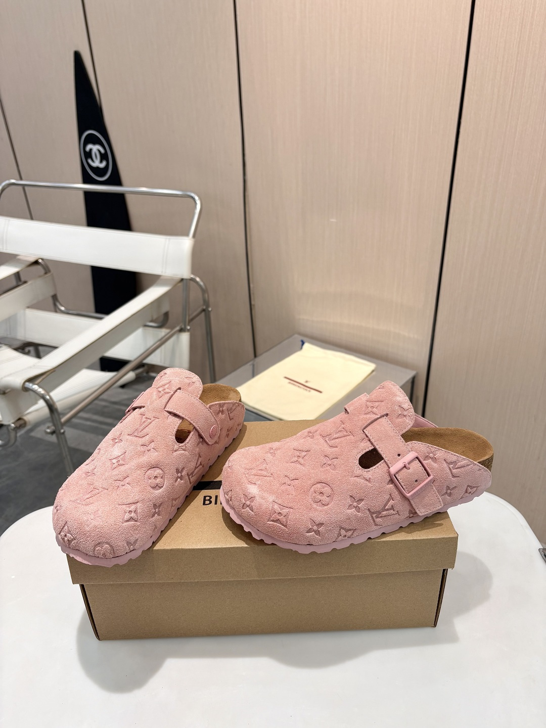 Louis Vuitton Monogram Embossed Suede Leather Boston Flat Birkenstock Sandals Clog Mules - KAIROO