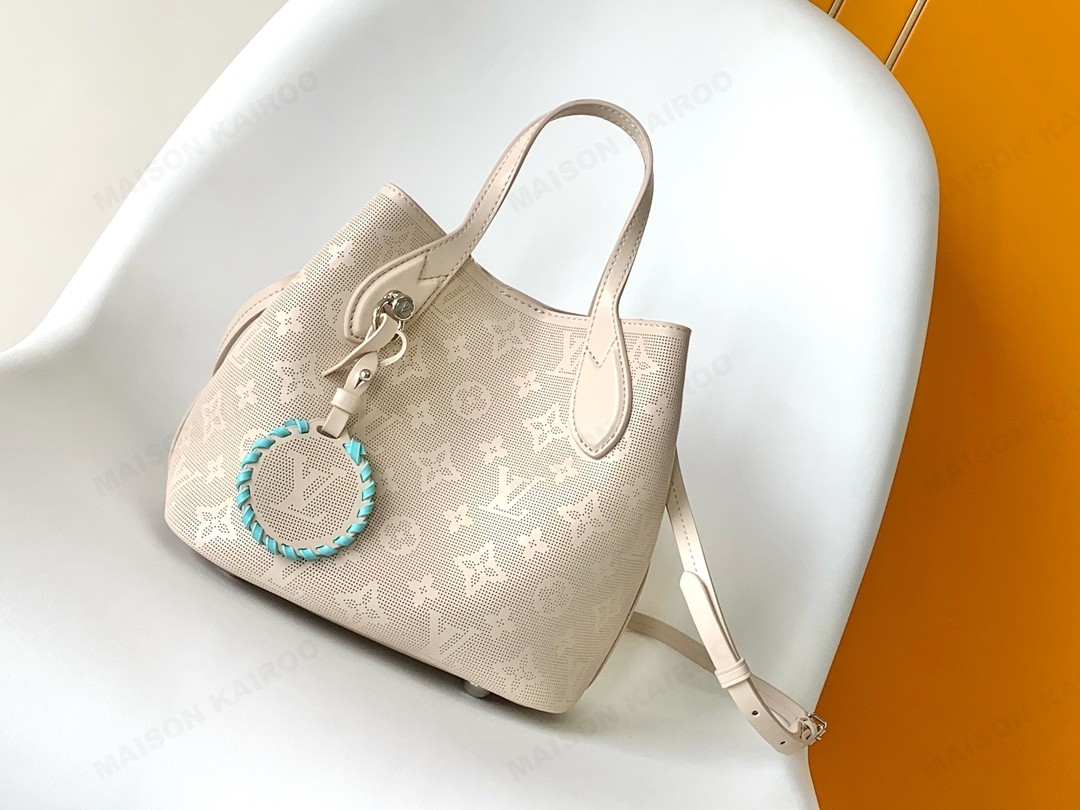 【10A】Louis Vuitton LV Mahina Blossom PM Beige Cyan Full Perforated Monogram Leather Basket Handle Tote Bag - KAIROO