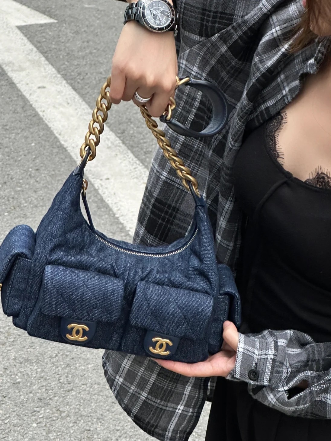 Chanel 25C Hobo Diamond Quilted Denim Multi-Pocket Gold Chain Shoulder Bag - KAIROO
