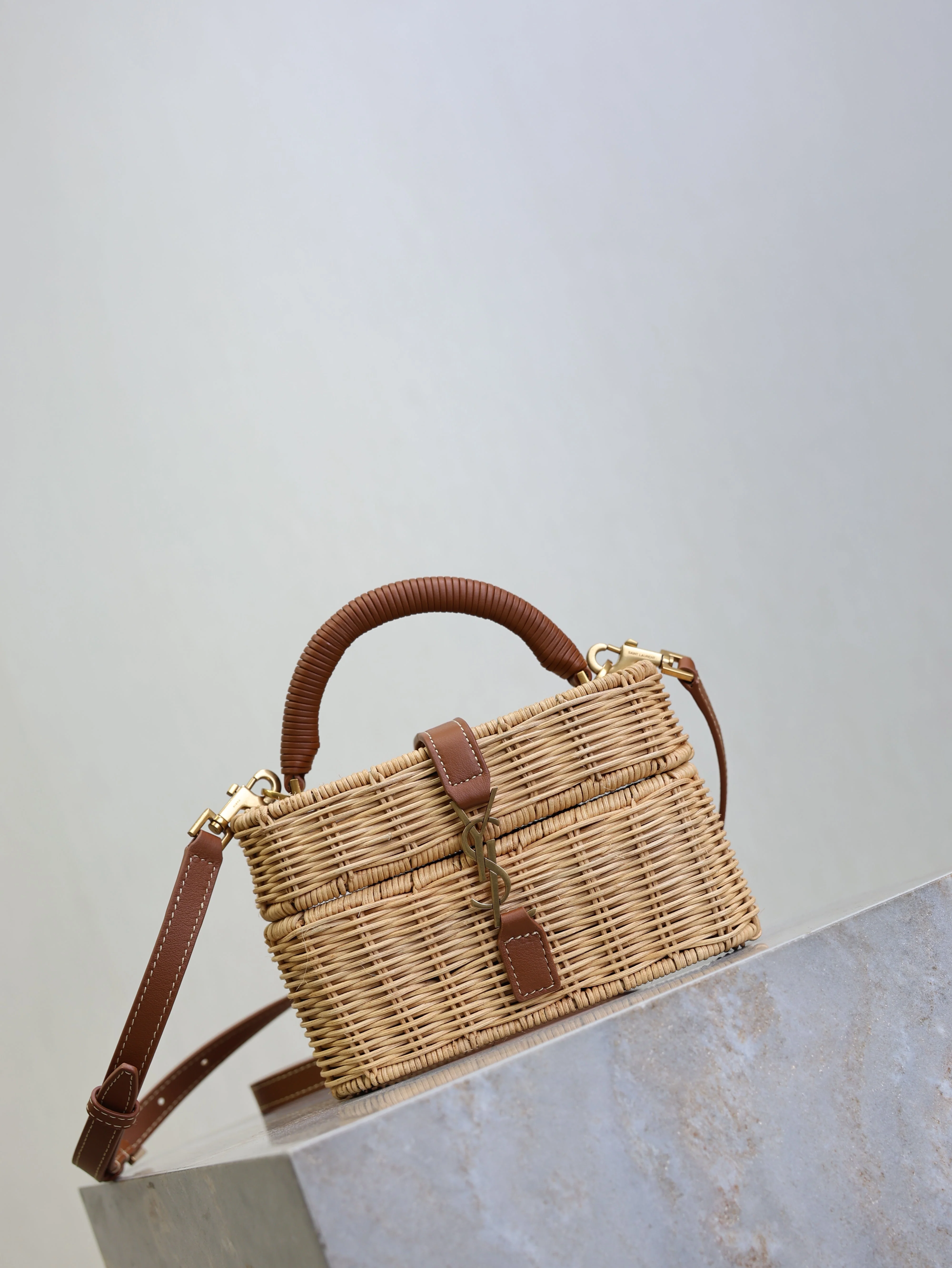 Saint Laurent YSL  Gaby Vanity Bag Beige Brown Raffia Leather