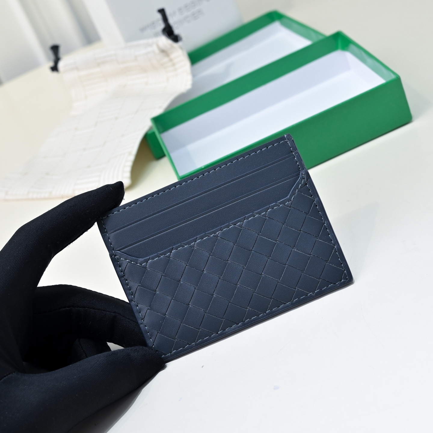 Bottega Veneta Card holder in Navy blue Intreccio Leather