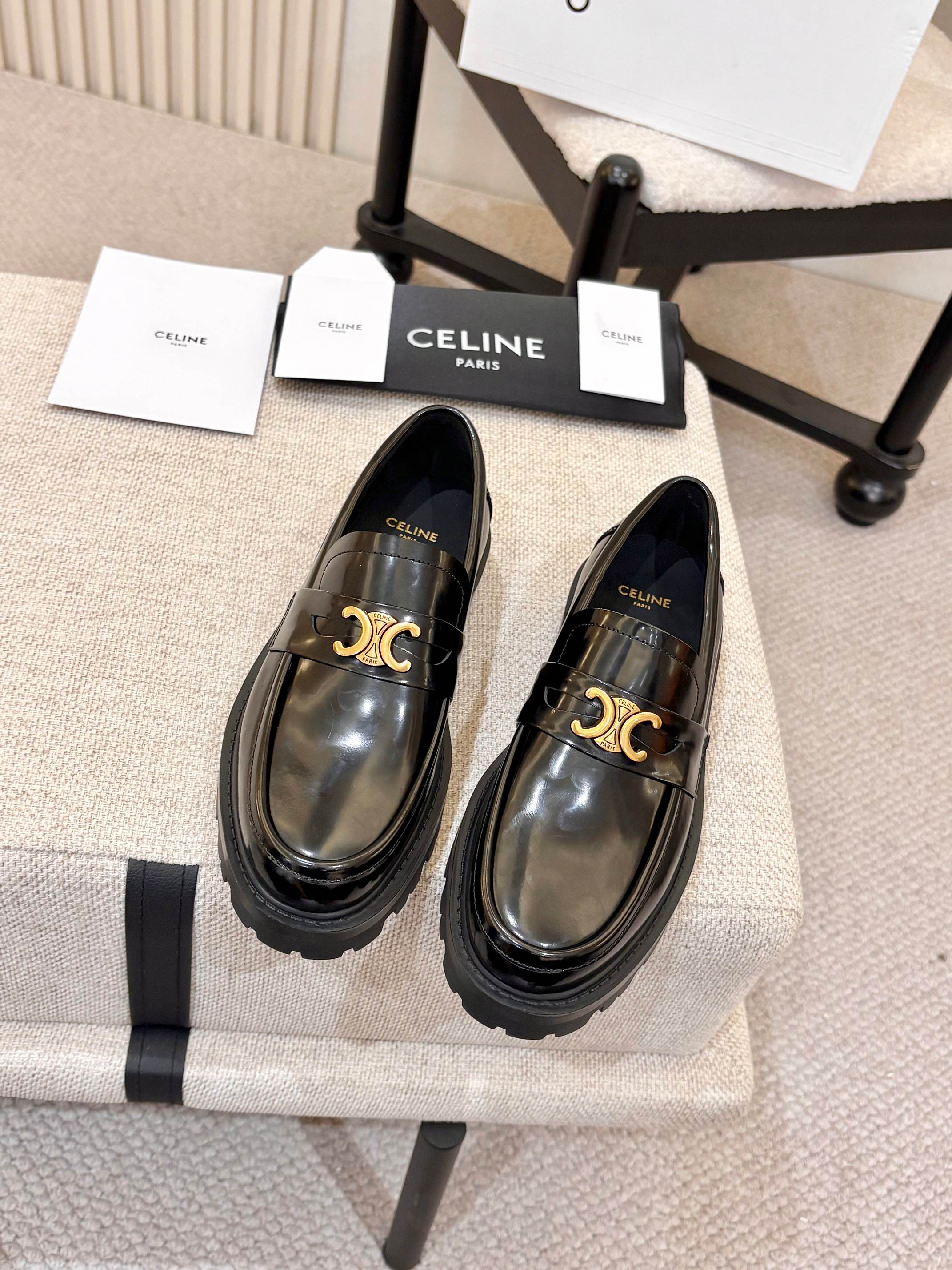 Celine Black Margaret Loafers with Triomphe in Polished calfskin