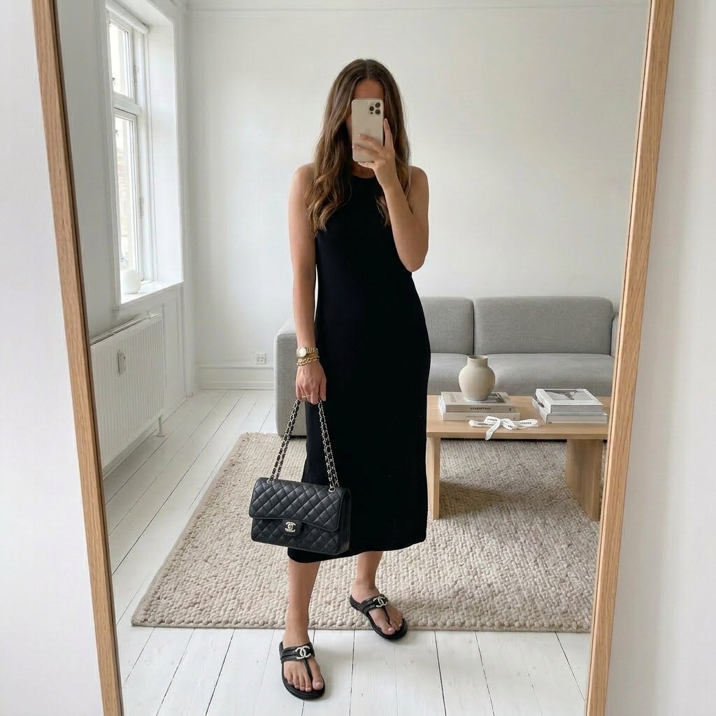 Chanel Classic Black Caviar Leather CF 25CM Flap Bag & CC Flat Slides Set - KAIROO