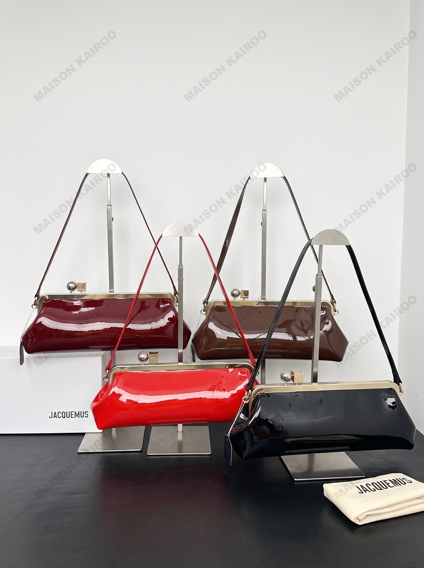 Jacquemus La Pochette Salon Gloss Patent Leather Metallic Frame Clasp Clutch Hobo Shoulder Bag - KAIROO