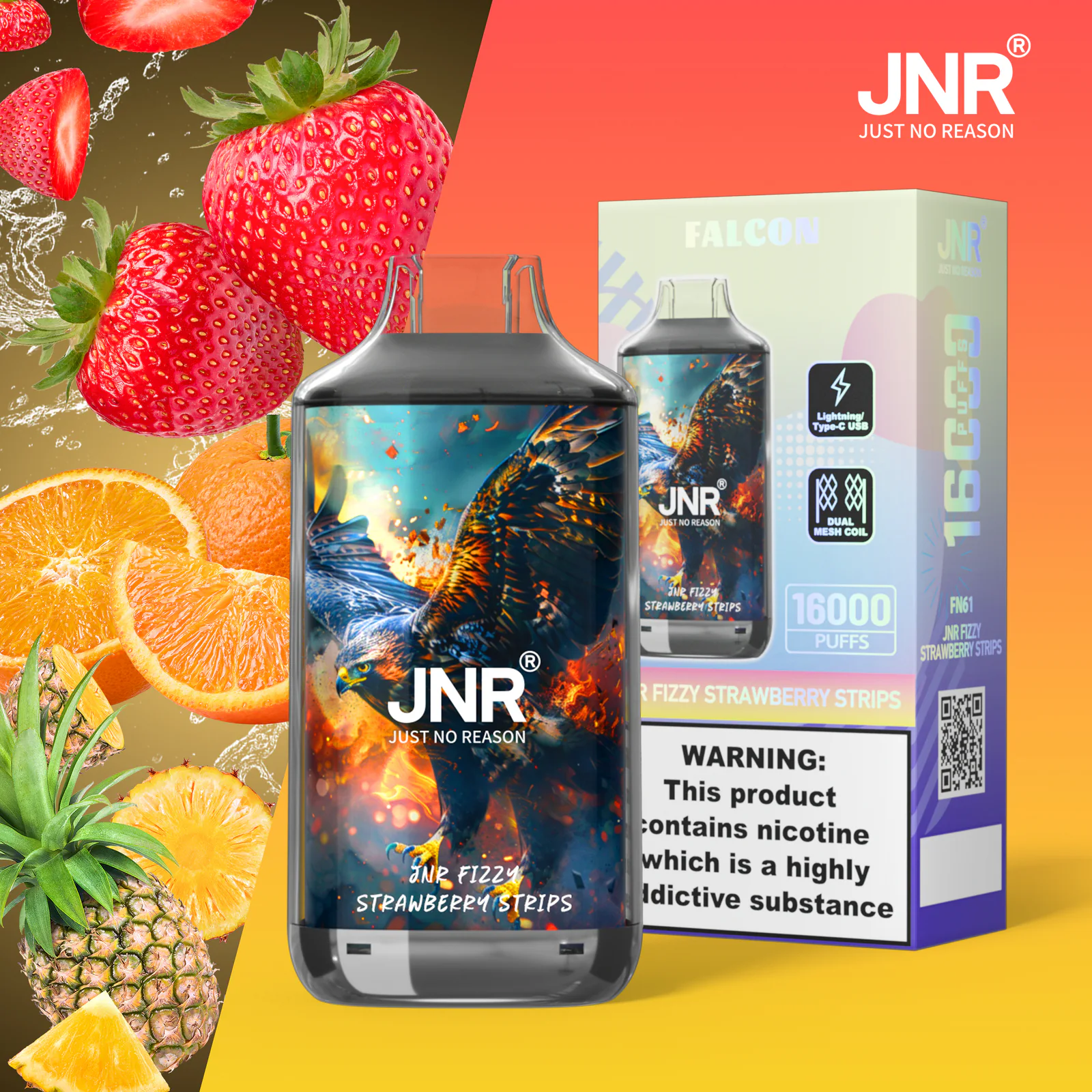 JNR Falcon 16K Rechargeable Disposable Vape – Fizzy Strawberry Strips
