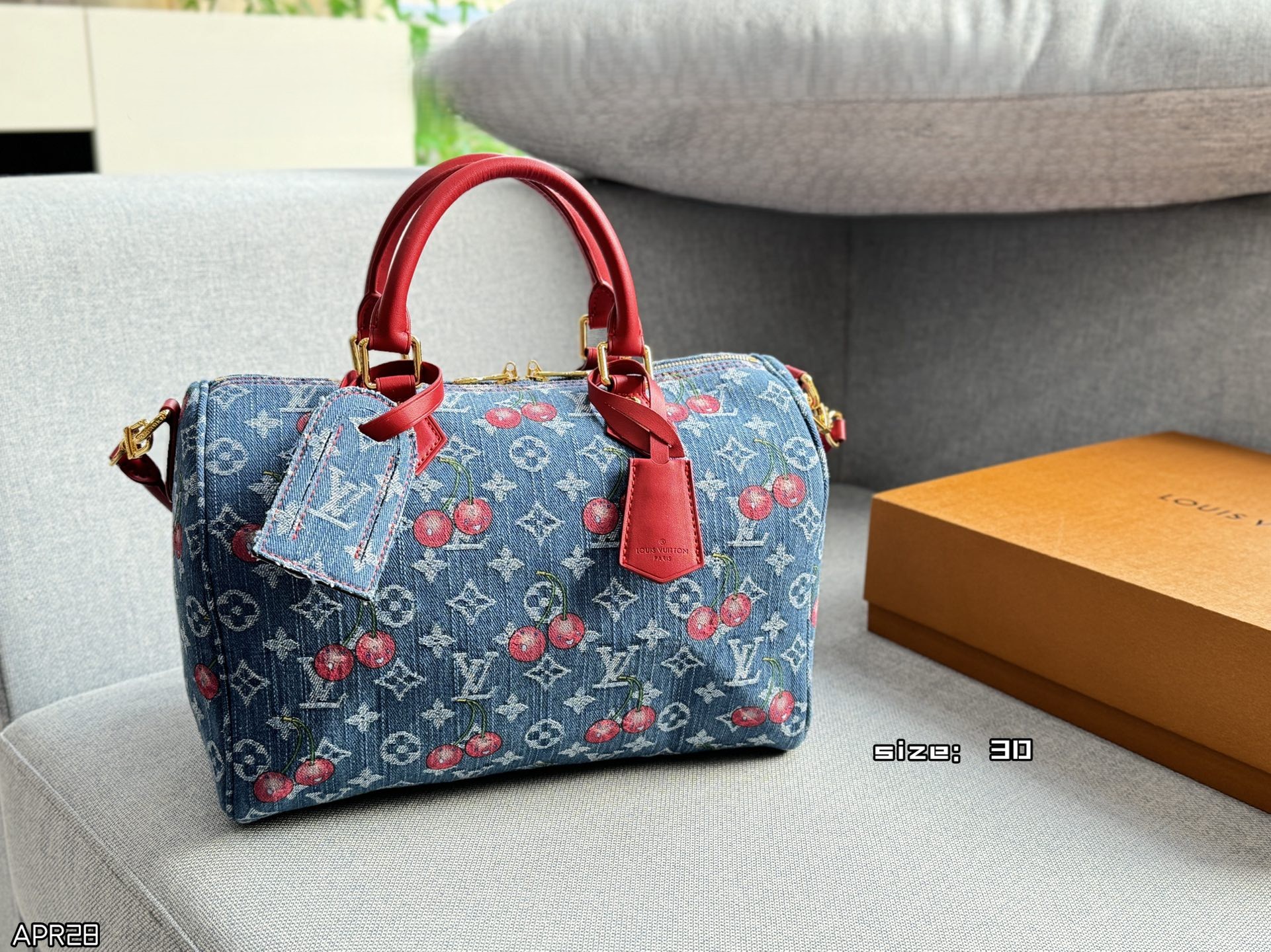 Louis Vuitton x Takashi Murakami LV Soft Speedy 30 Cerises Denim Boston Red Top Handle Bag - KAIROO