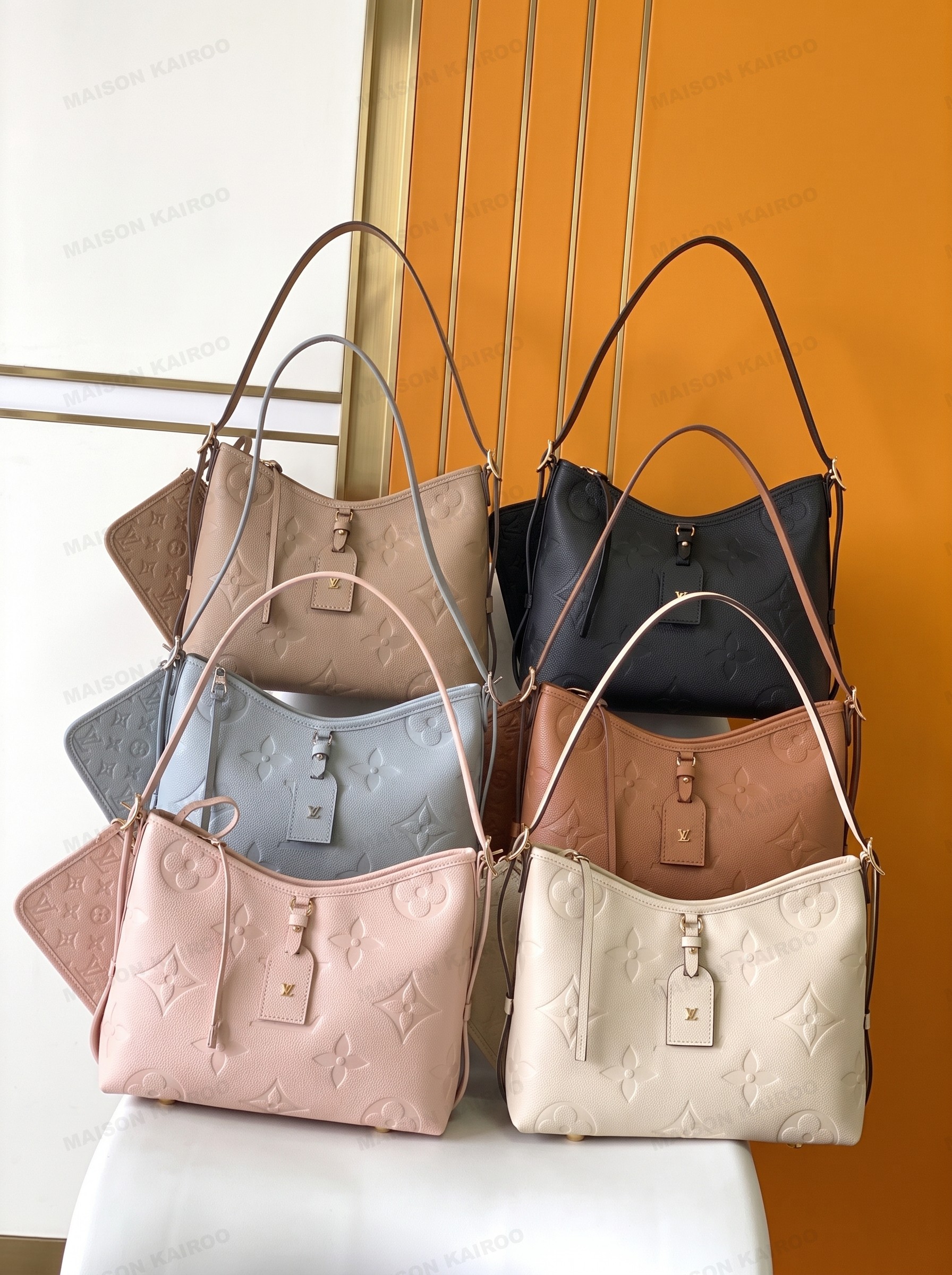 【10A】Louis Vuitton LV Carryall PM Solid Tone Monogram Empreinte Leather Hobo Tote Shoulder Bag With Pouch - KAIROO