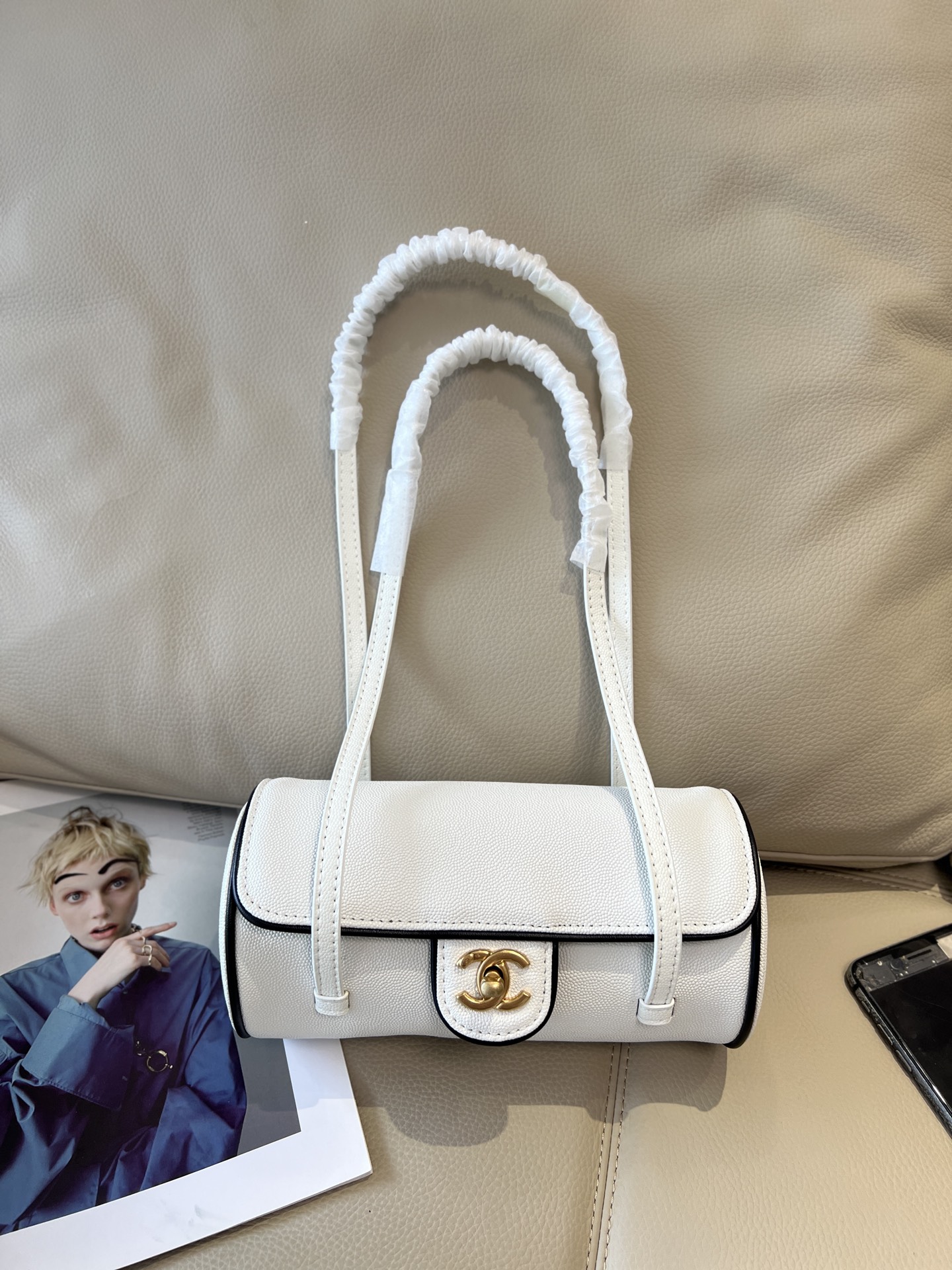 Chanel White& Black Grained Leather Contrast Trim CC Turnlock Cylinder Barrel Bowling Bag - KAIROO