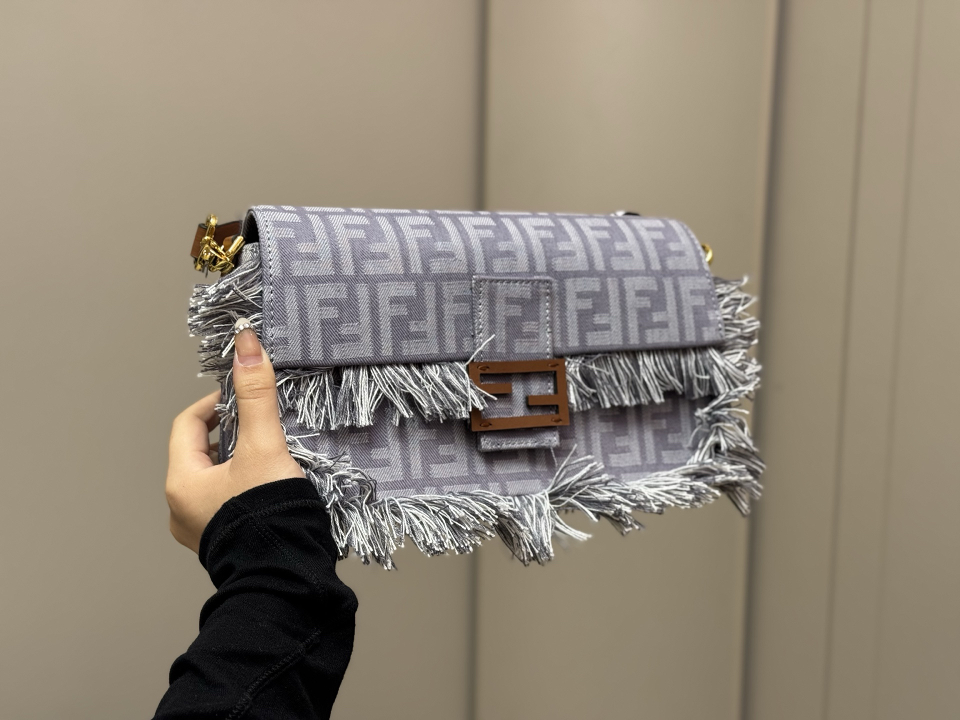 Fendi Grey Rectangular FF Monogram Jacquard Fringe Canvas Shoulder Bag - KAIROO