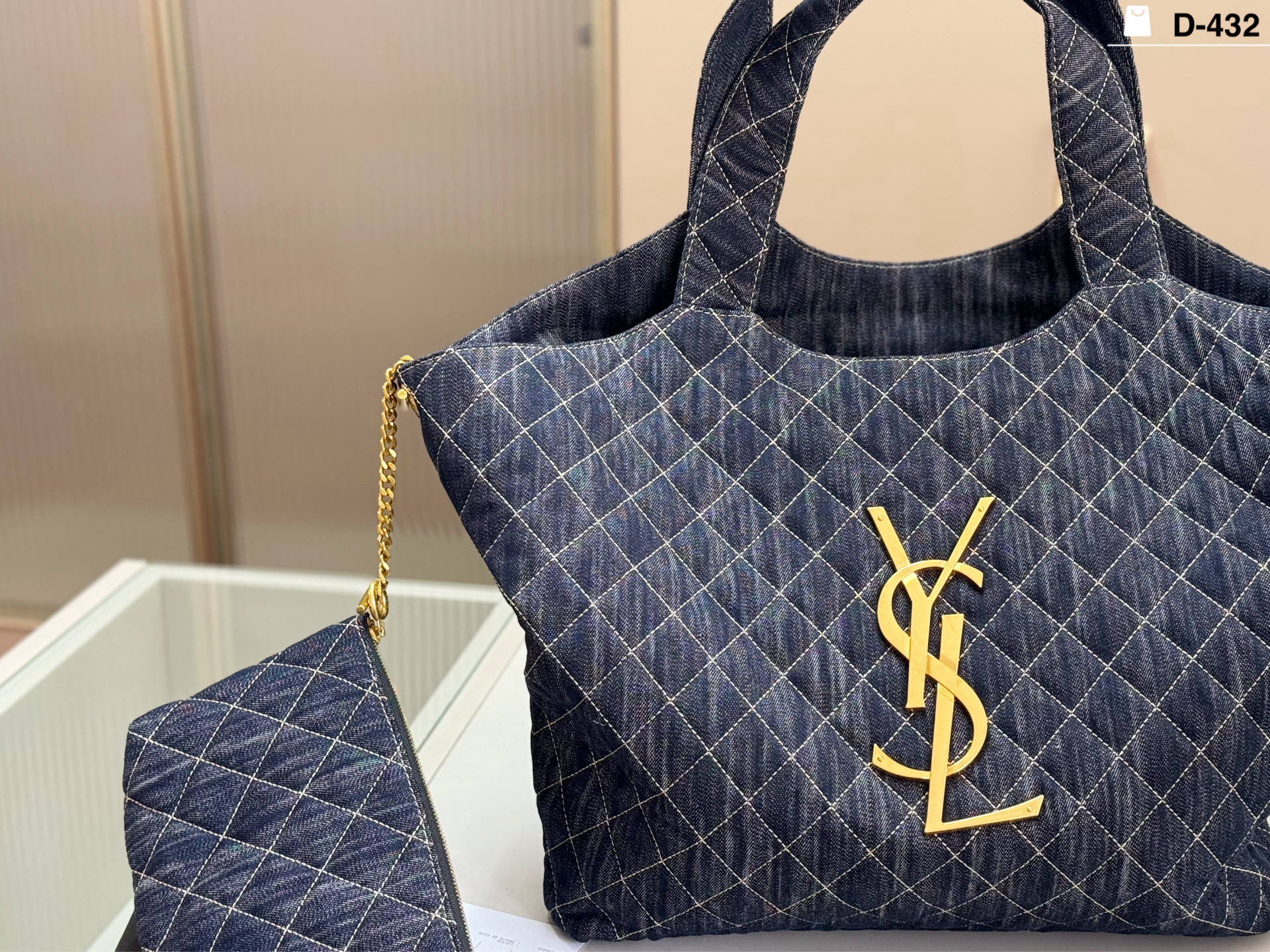 Saint Laurent Oversized Diamond-Quilted Denim Maxi Tote Bag with Removable Pouch - KAIROO