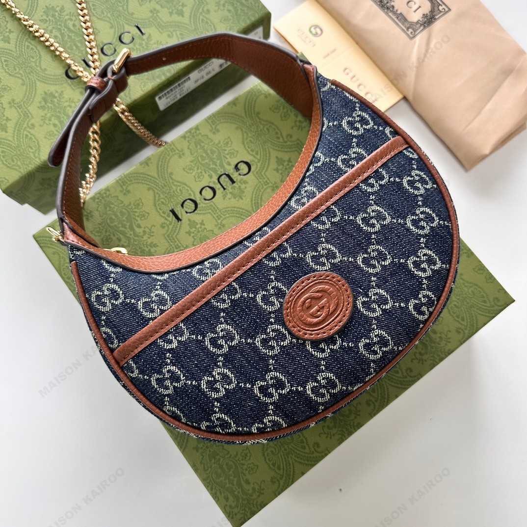 Gucci Ophidia Blue GG Jacquard Denim Half Moon Hobo Bag Chain Strap Mini Shoulder Bag - KAIROO