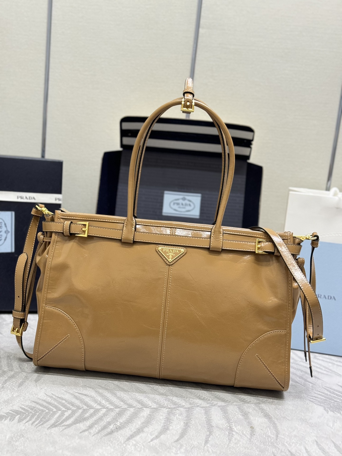 Prada Bonnie large leather handbag-Cameo 1BA433