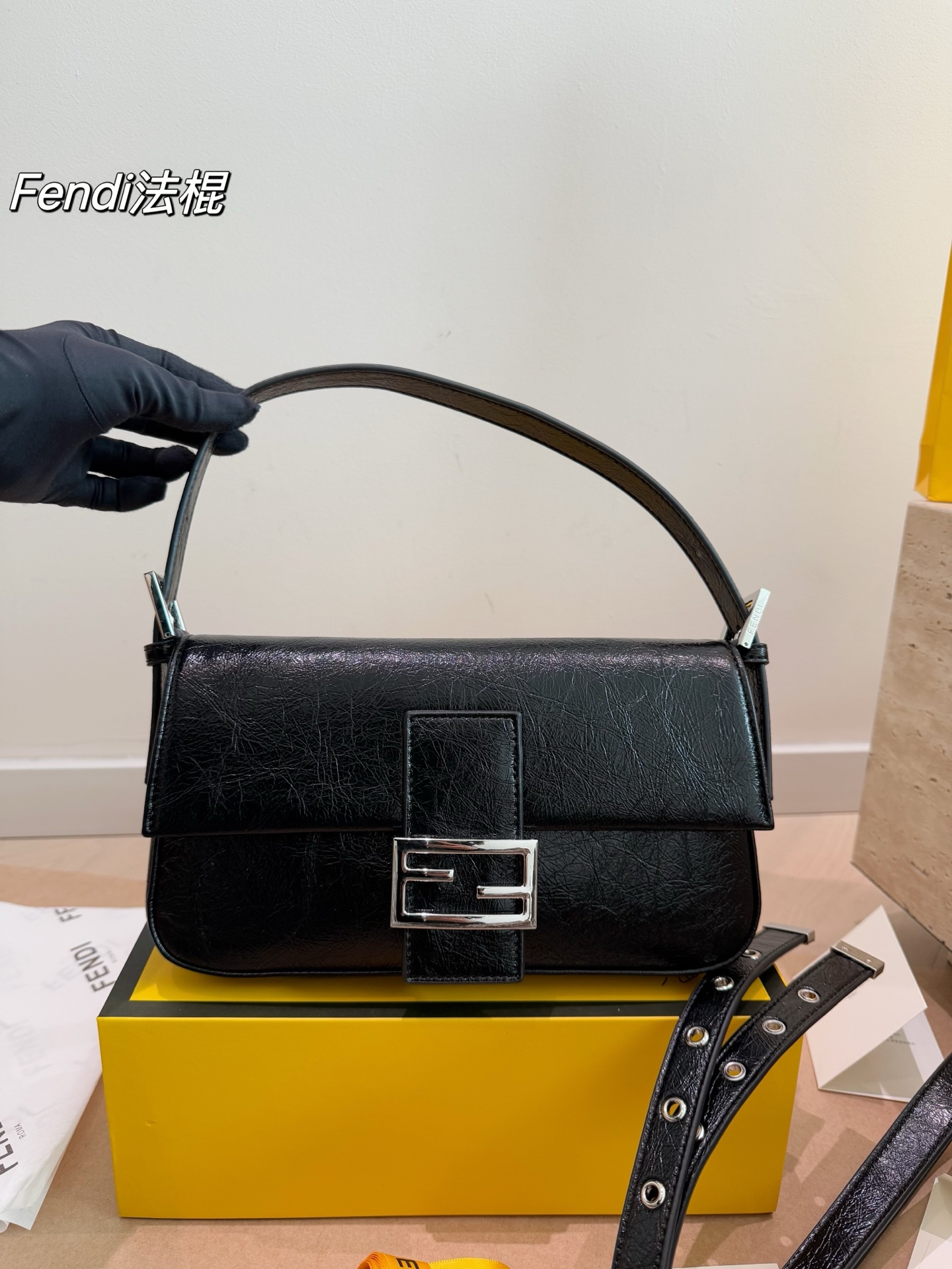 Fendi Baguette Shiny Crinkled Leather Silver-Tone Shoulder Bag - KAIROO