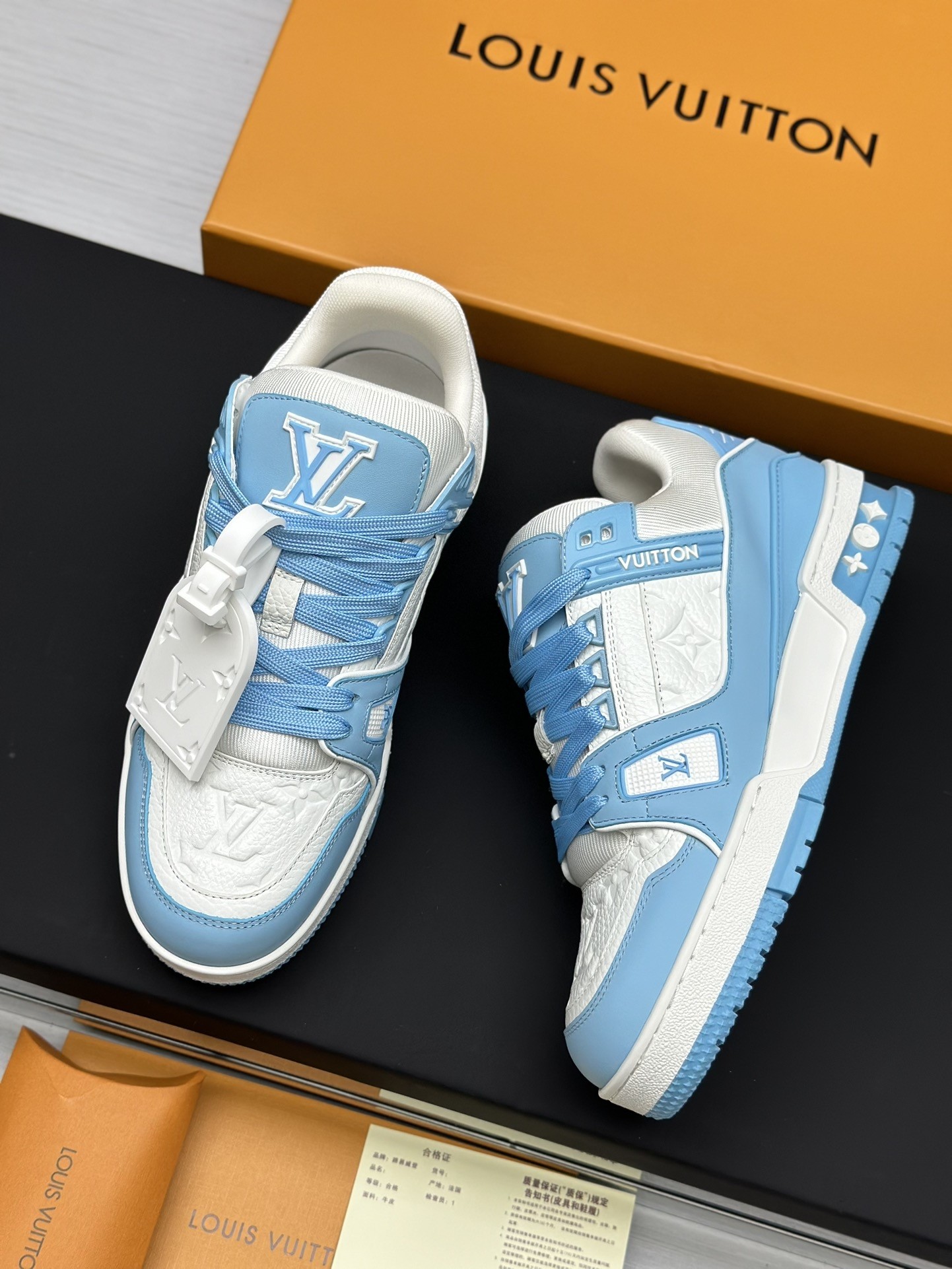 Louis Vuitton Sky Blue Monogram Embossed Grained Leather Trainer Low Top Sneaker - KAIROO