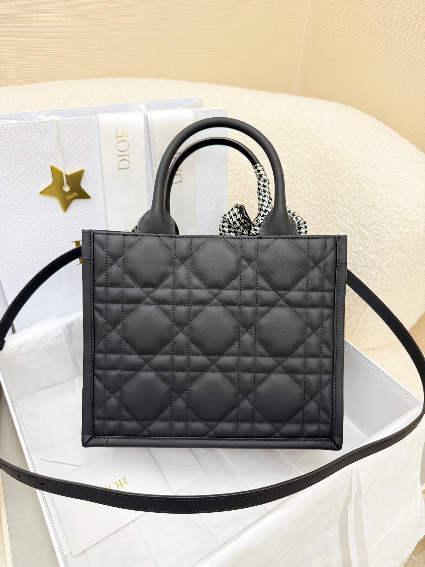 Dior Small Black Leather Book Tote with shoulder strap