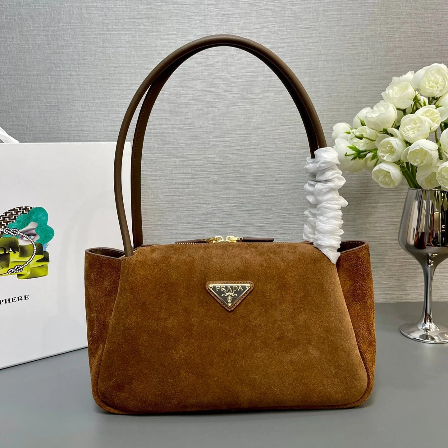 Prada SHOULDER BAG 28 IN TAWNY BROWN SUEDE GOLD LOGO