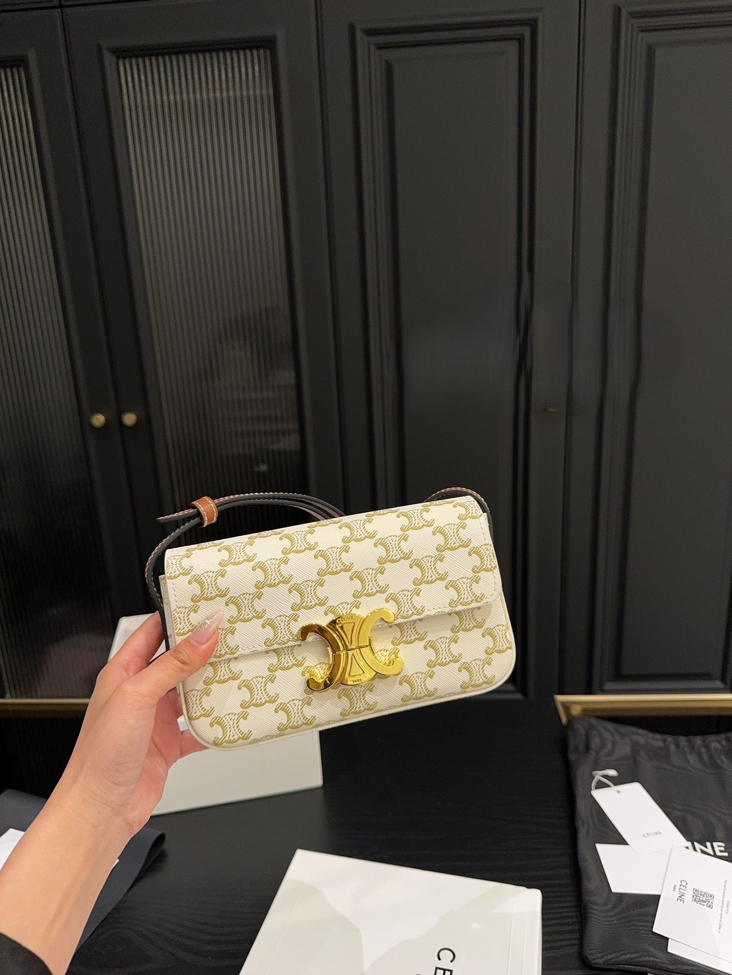 Celine Triomphe Gold Hardware Horizontal Long Chain Shoulder Hobo Bag - KAIROO