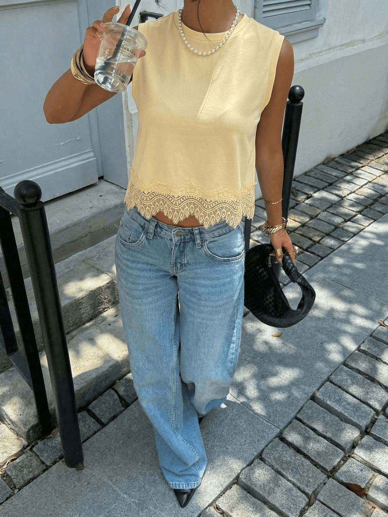Women's Solid Lace Hem Loose Tank Top