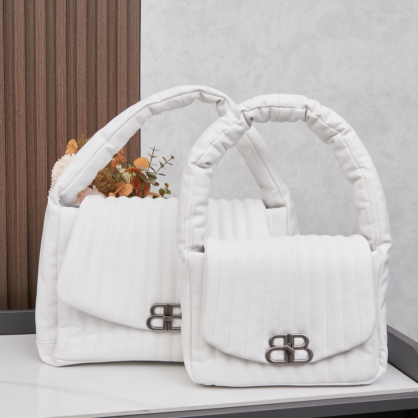 Balenciaga Monaco White Padded Slouchy Quilted Leather BB Logo Puffy Handle Shoulder Tote Bags - KAIROO