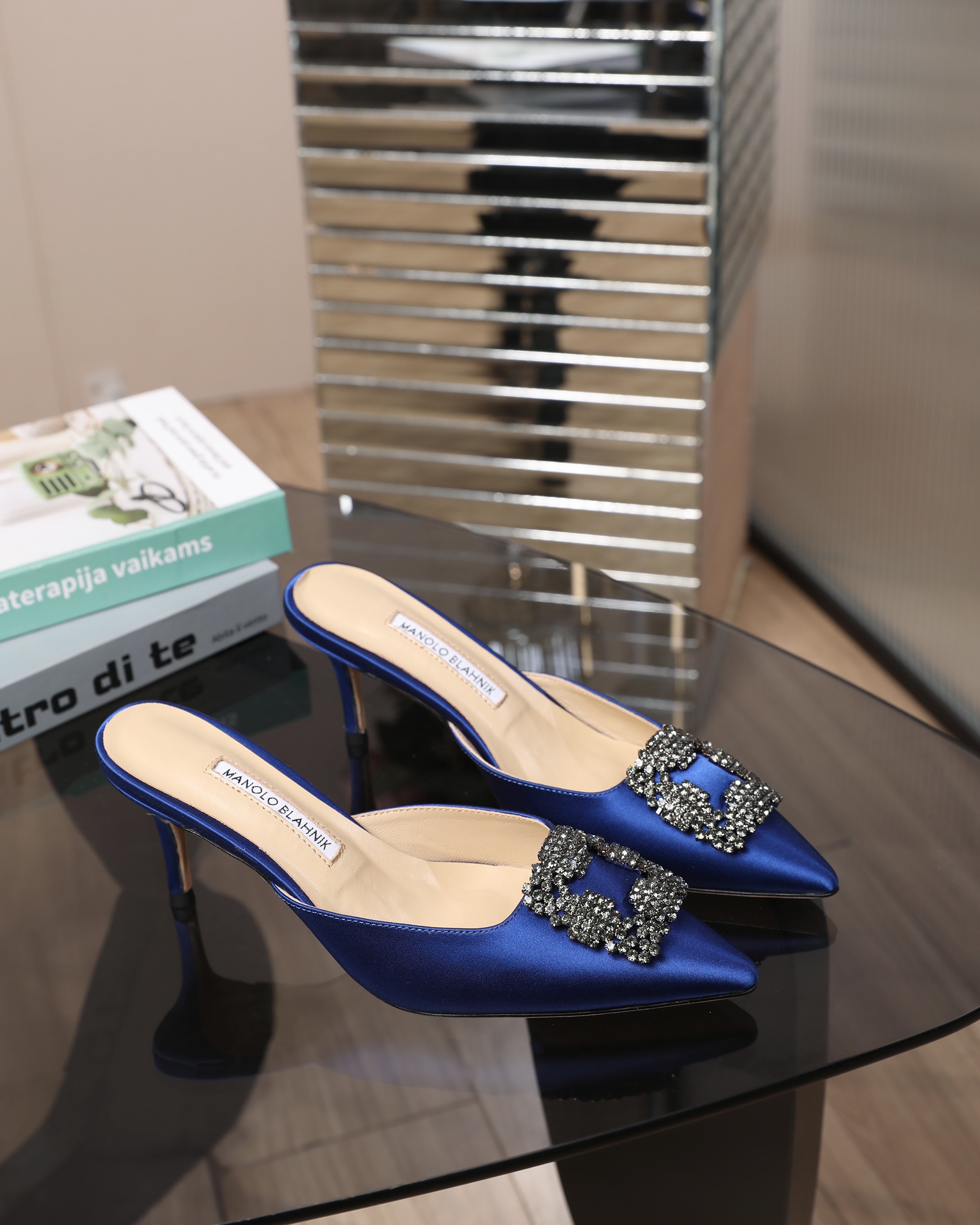 Manolo Blahnik Swarovski Crystal Satin Heeled Slide