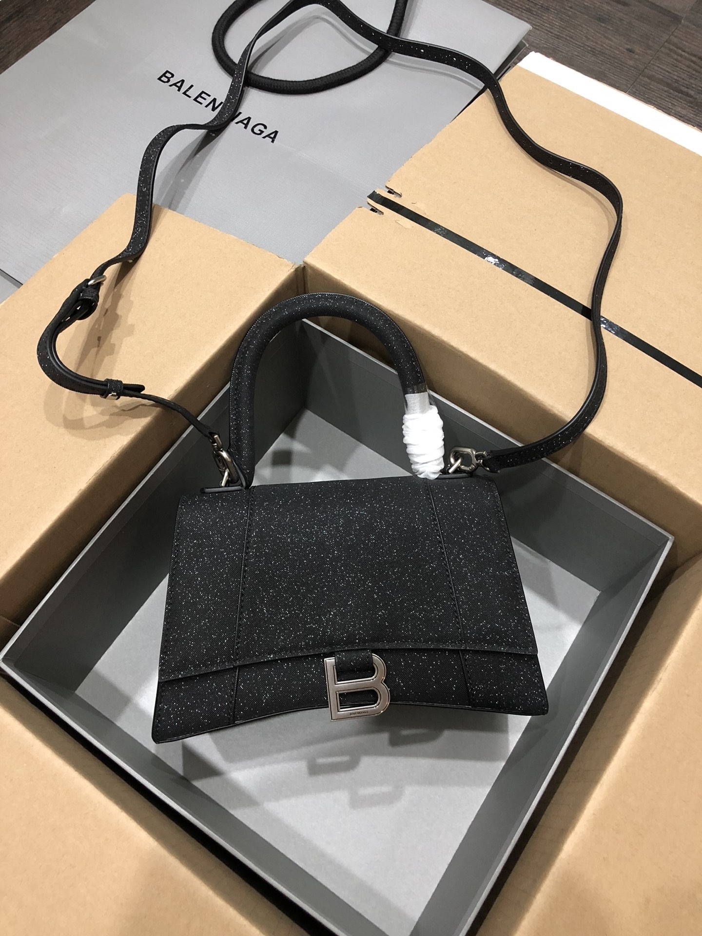 Balenciaga  Mini/Small Bling Glitter-Embellished Curved Flap Top Handle Hourglass Crossbody Bag - KAIROO