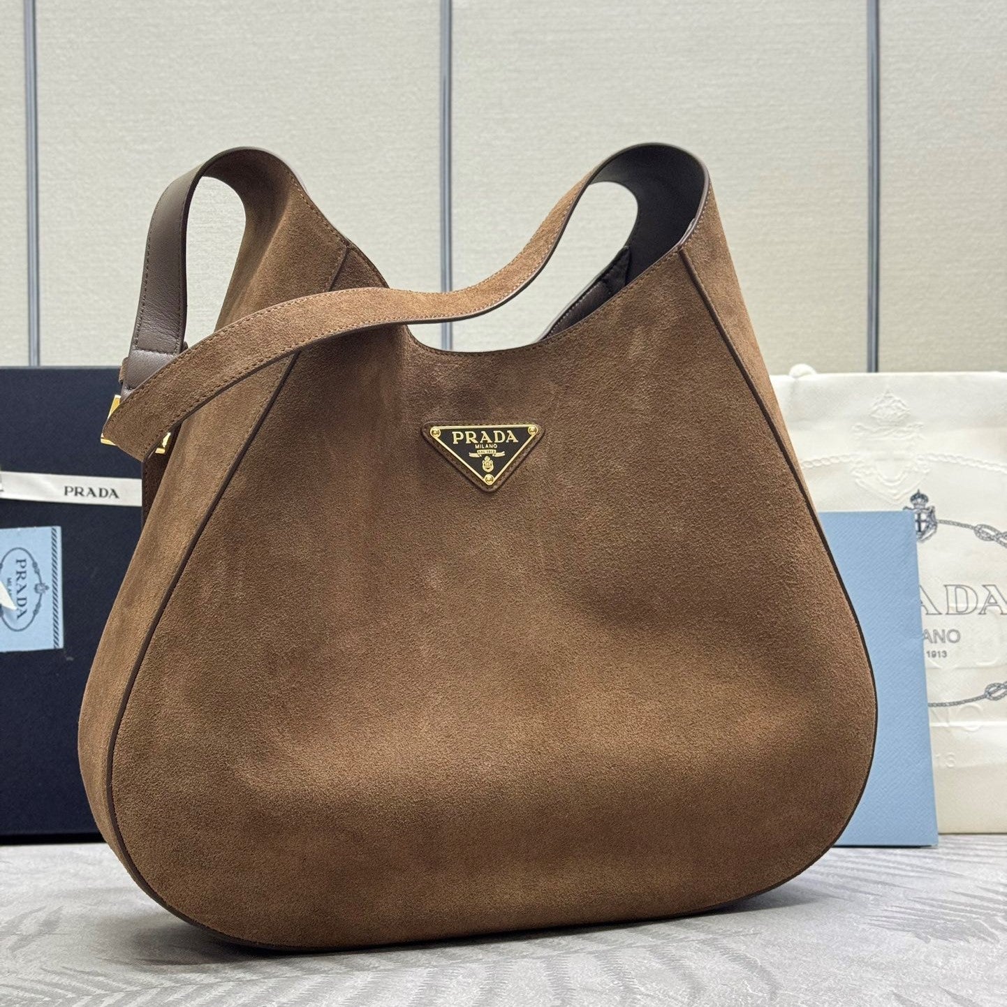 Prada  Cleo Crossbodybag 40cm Brown Nubuck Leather