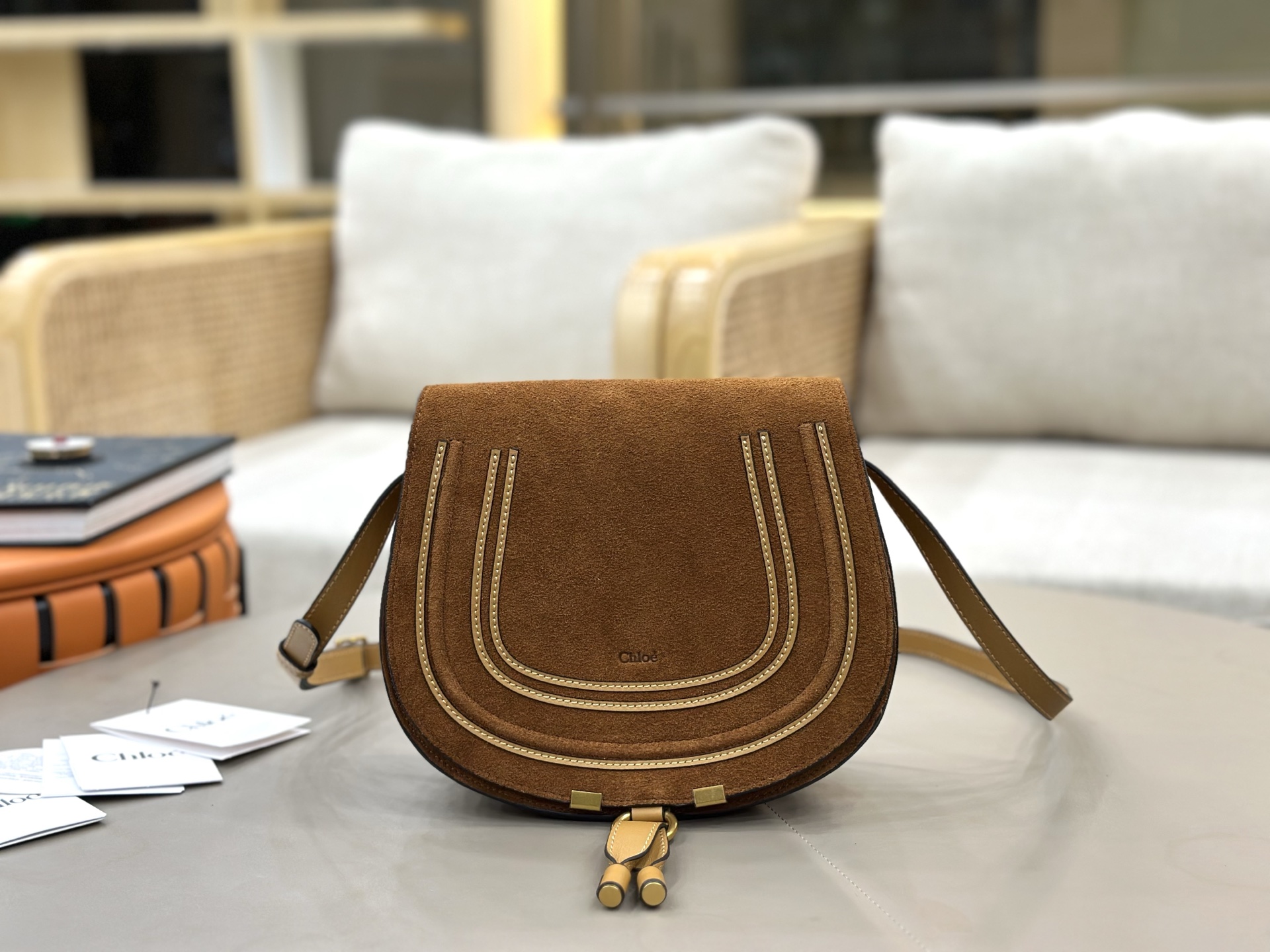 Chloe Marcie Saddle Bag in Suede Calfskin-Camel