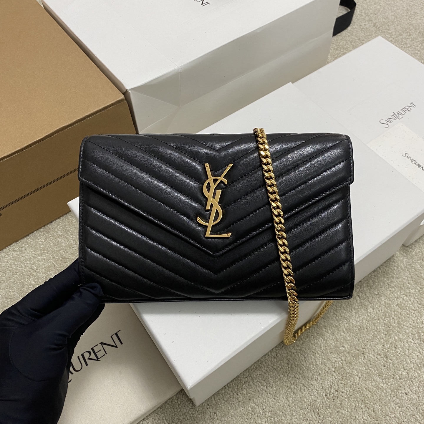 Saint Laurent Black Lambskin Cassandre Chain Wallet 377828