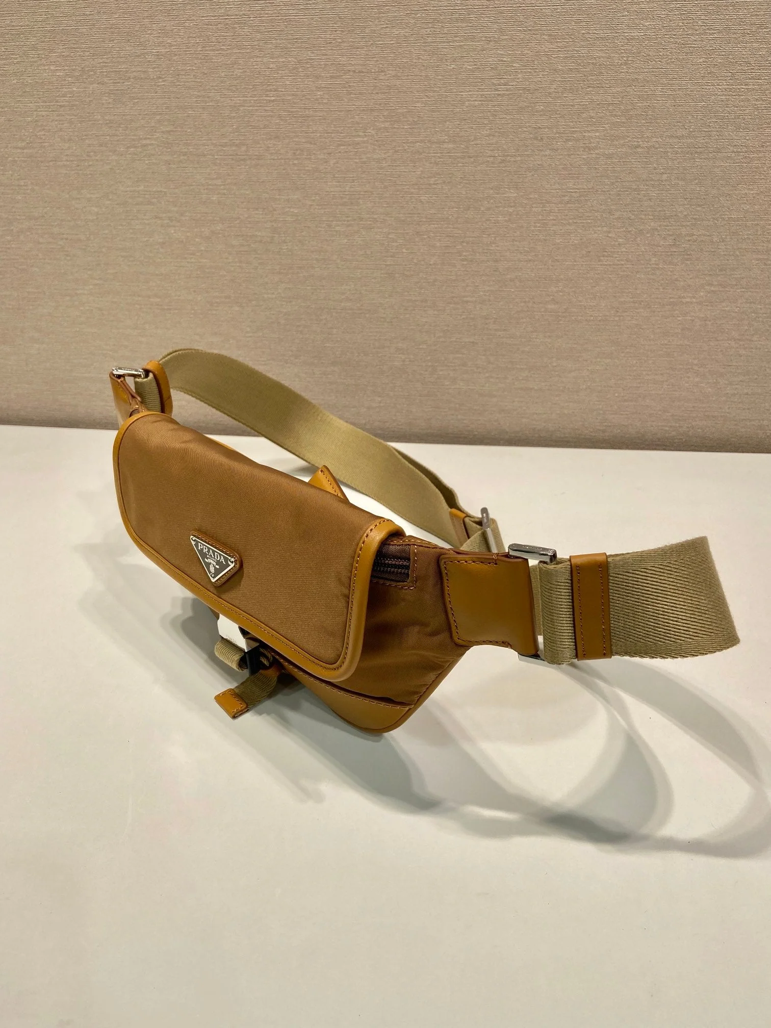 Prada BAG 18 IN SEPIA BROWN RE-NYLON AND CALFSKIN TRIM