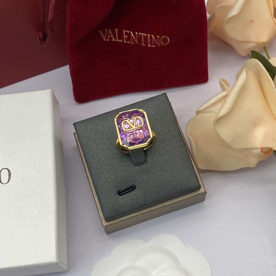 Valentino VLogo Signature Emerald Cut Crystal Gold Finish Statement Open-back Ring - KAIROO