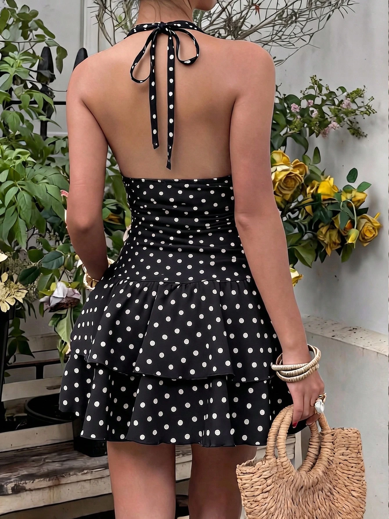 Polka Dot Lace Halter Ruffle Mini Dress
