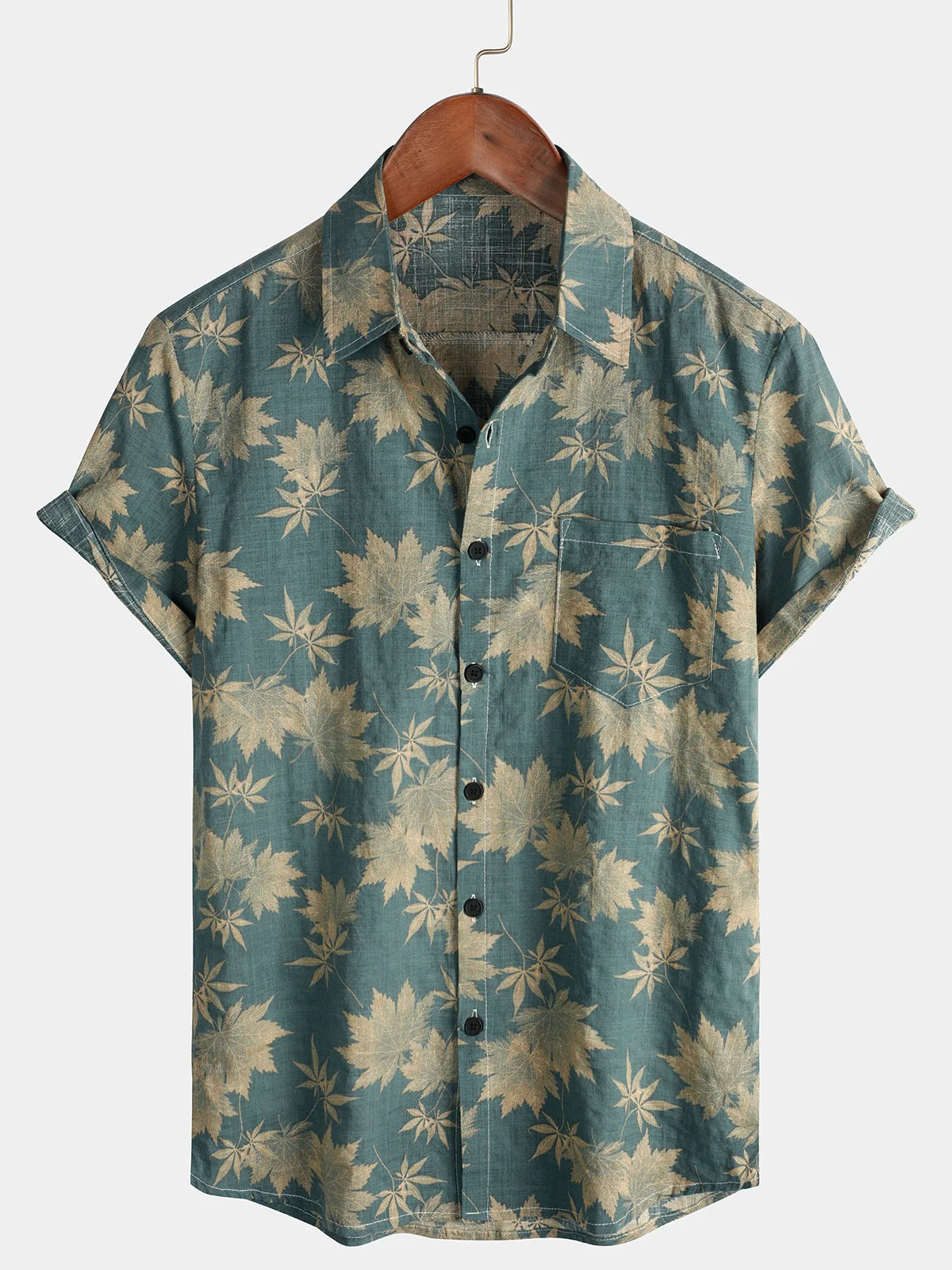 Men's Maple Leaf Cotton Pocket Summer Short Sleeve Shirt