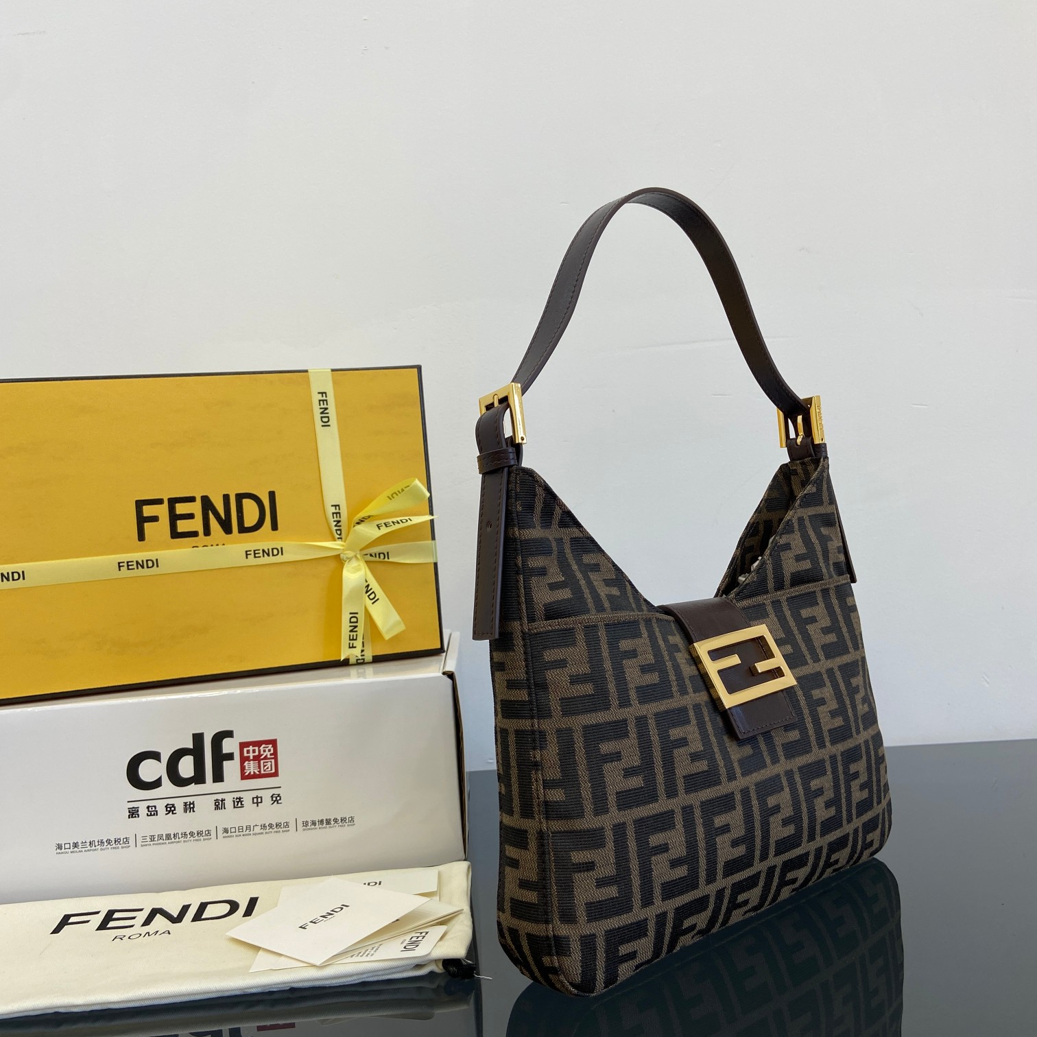 Fendi FF Monogram Canvas And Leather Baguette Crescent Hobo Bag - KAIROO