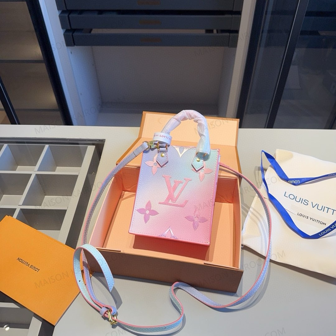 Louis Vuitton LV Petit Sac Plat Mini Sunrise Pastel Monogram Canvas Leather Vertical Tote Bag - KAIROO