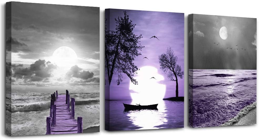 wall decorations for living room 3 Piece framed canvas wall art bathroom artwork for wall painting office bedroom wall decor Black and white ocean purple Landscape modern family Posters home decor