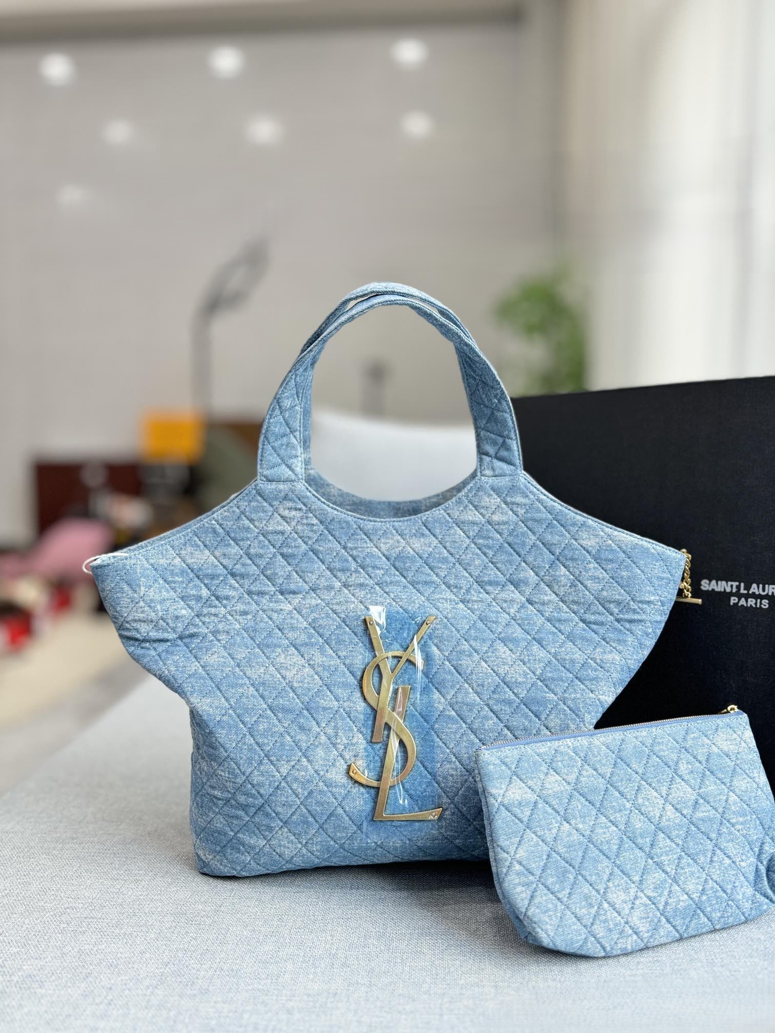Saint Laurent YSL Icare Maxi Denim Monogram Quilted Leather Shopping Tote Bag With Pouch - KAIROO