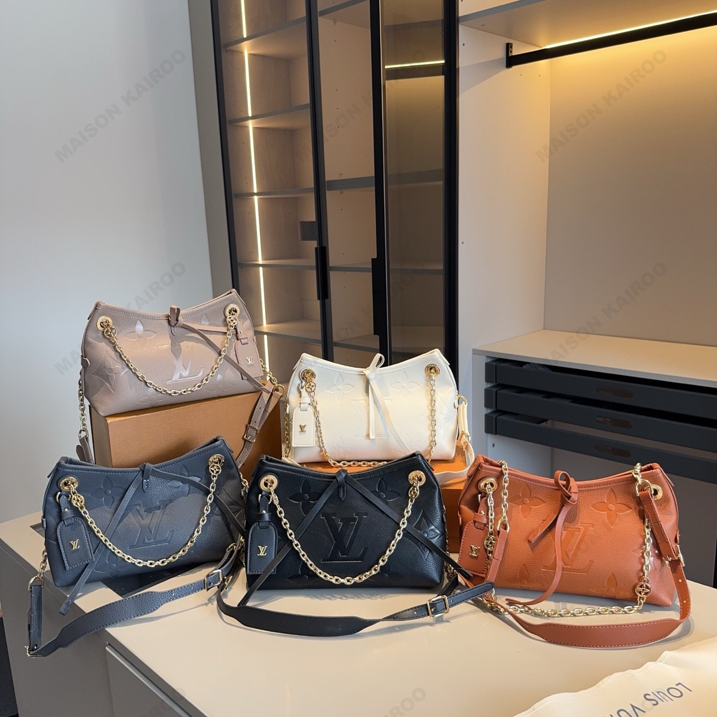 Louis Vuitton LV Carryall BB Oversized Monogram Embossed Leather Bow Chain Strap Hobo Shoulder Bag - KAIROO