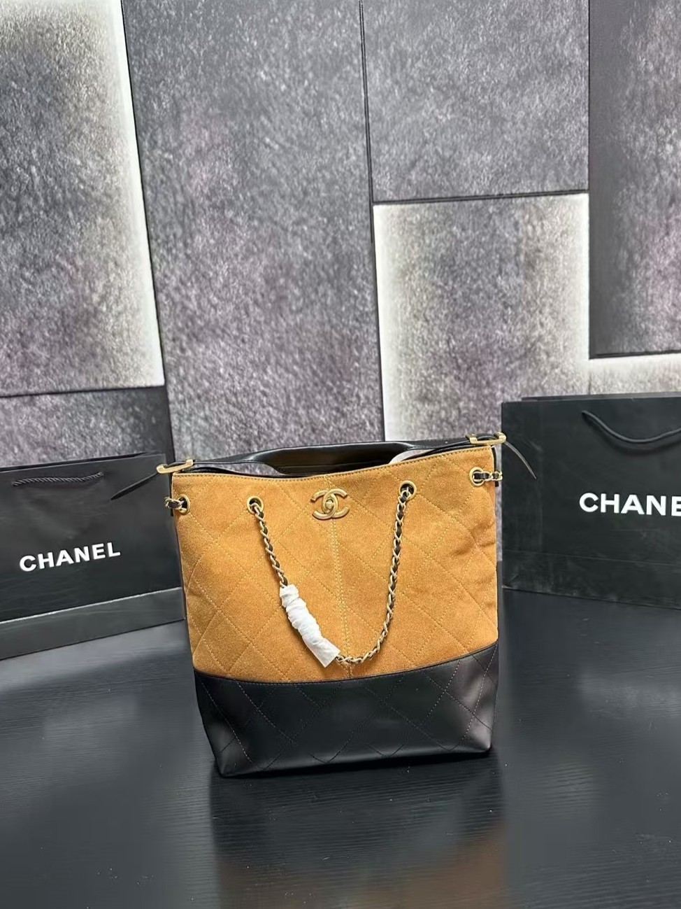 Chanel 25A Vertical Gabrielle Suede Quilted Leather Handle Turn Lock Hobo Bucket Tote Bag - KAIROO