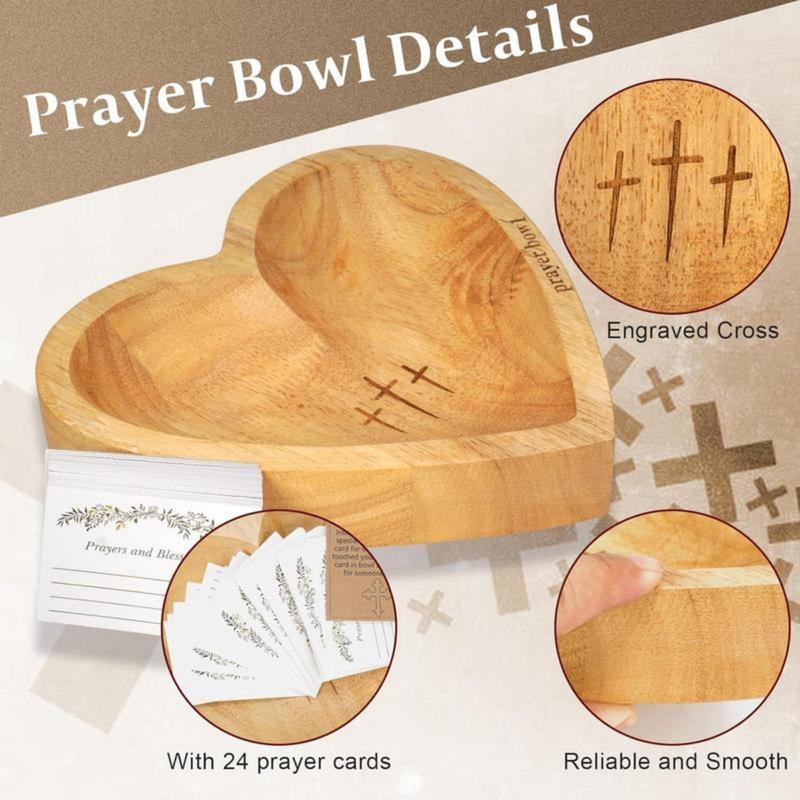 Handcrafted Heart-Shaped Prayer Bowl Set with 24 Cards - Vintage Wooden Dough Bowl for Daily Devotion & Christian Home Decor (Easter & Wedding Gift)