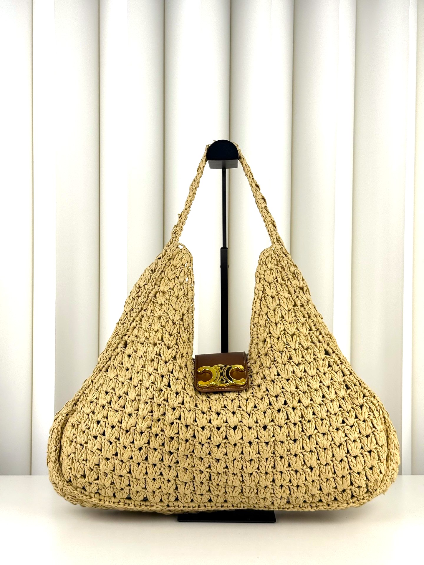 Celine Small Heloise Woven Raffia Gold Triomphe Buckle Oversized Hobo Bag - KAIROO