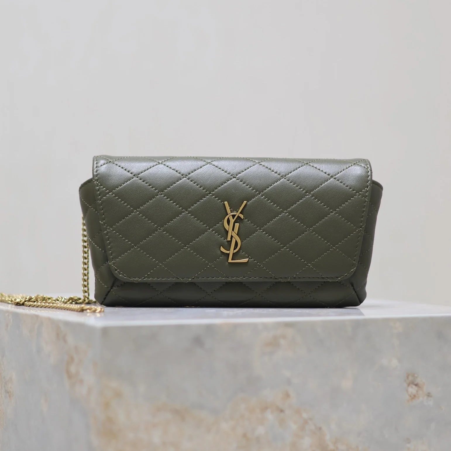 Saint Laurent YSL Gaby Phone Bag 19cm Olive Green Quilted Leather