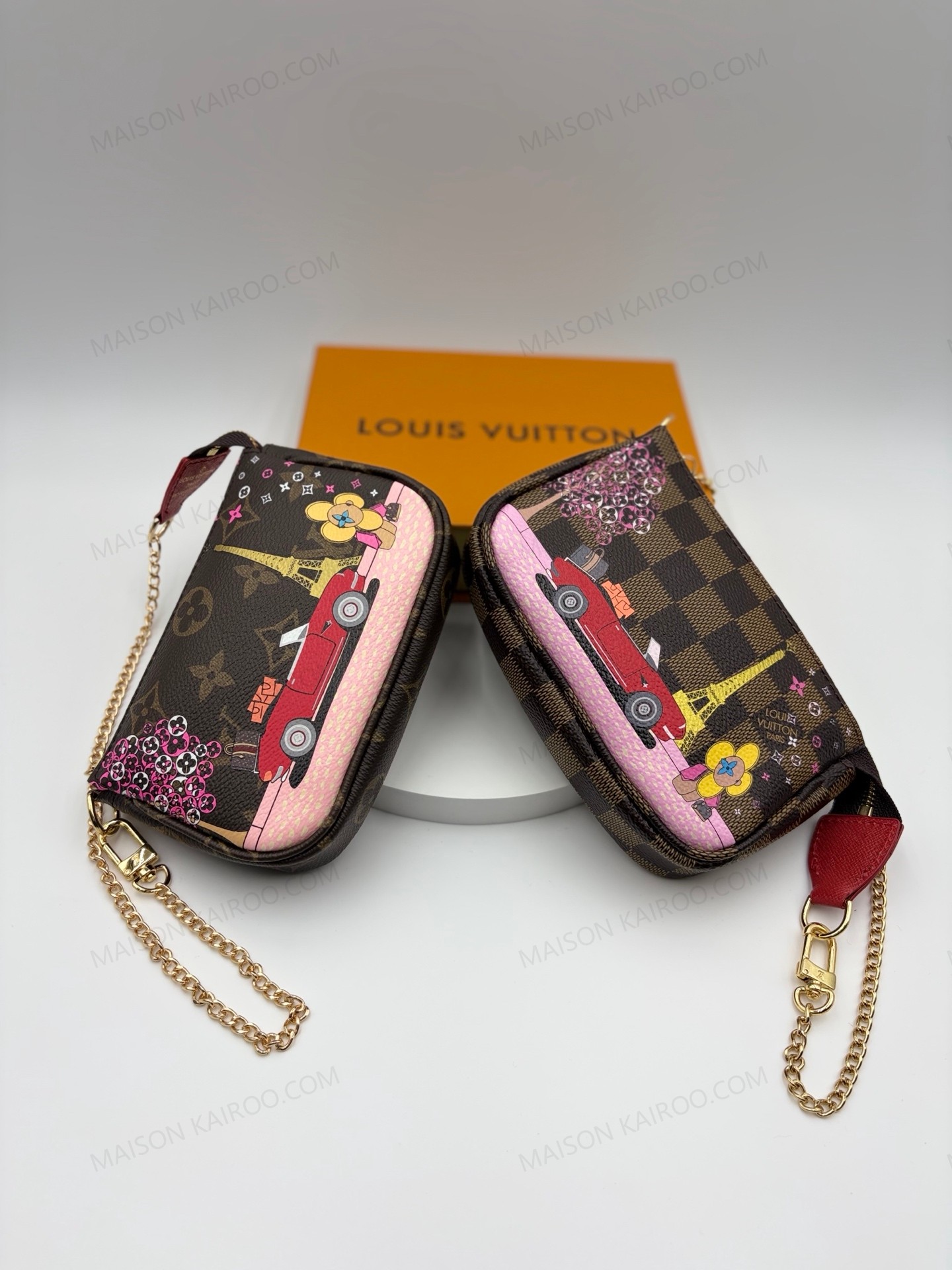 Louis Vuitton LV Mini Pochette Accessoires Vivienne Paris Eiffel Tower Brown/Damier Ebene Monogram Chain Pouch Bag - KAIROO