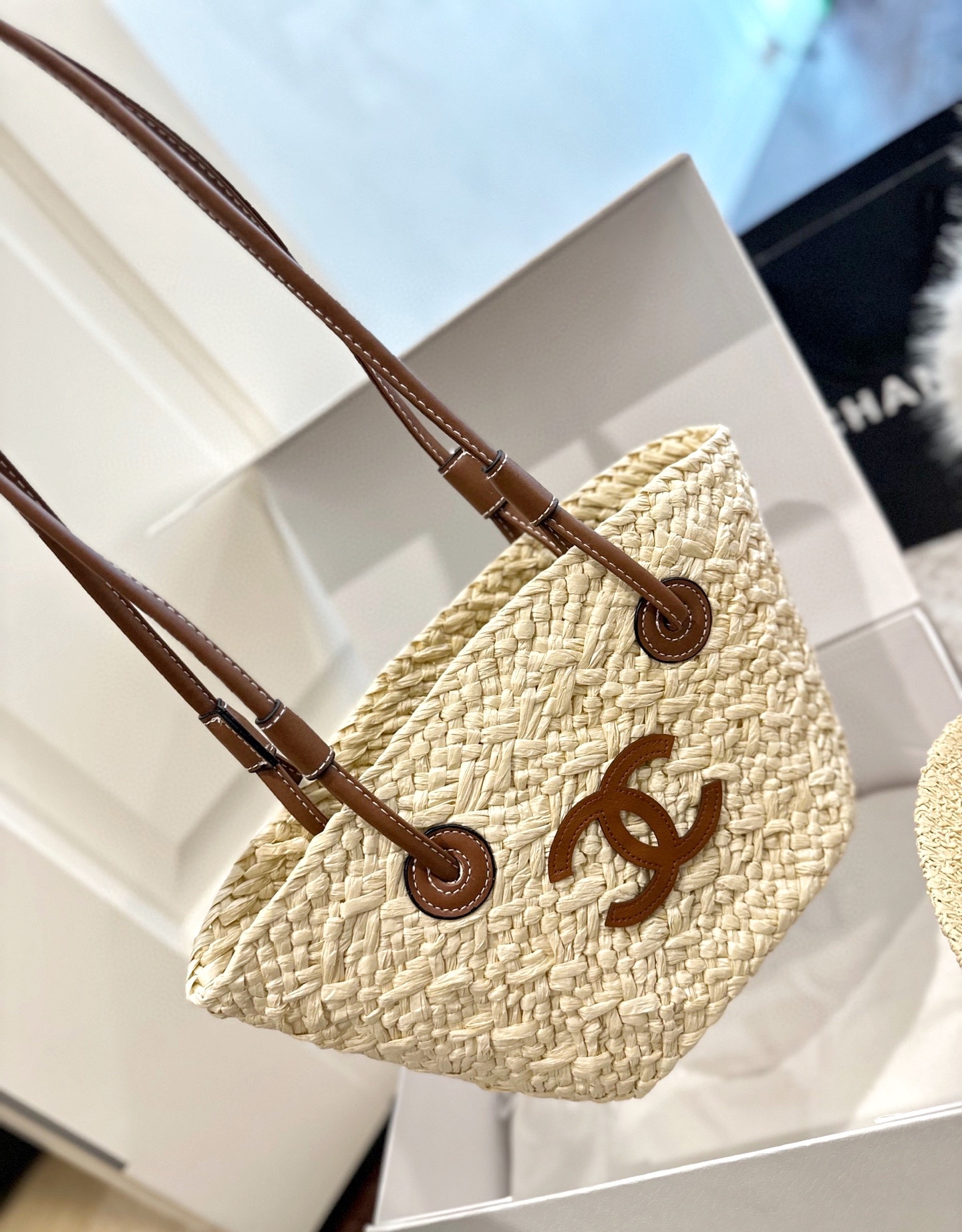 Chanel Natural Raffia Woven Basket Tote Bag &Matching Crocheted Fedora Sun Hat Beach Set - KAIROO
