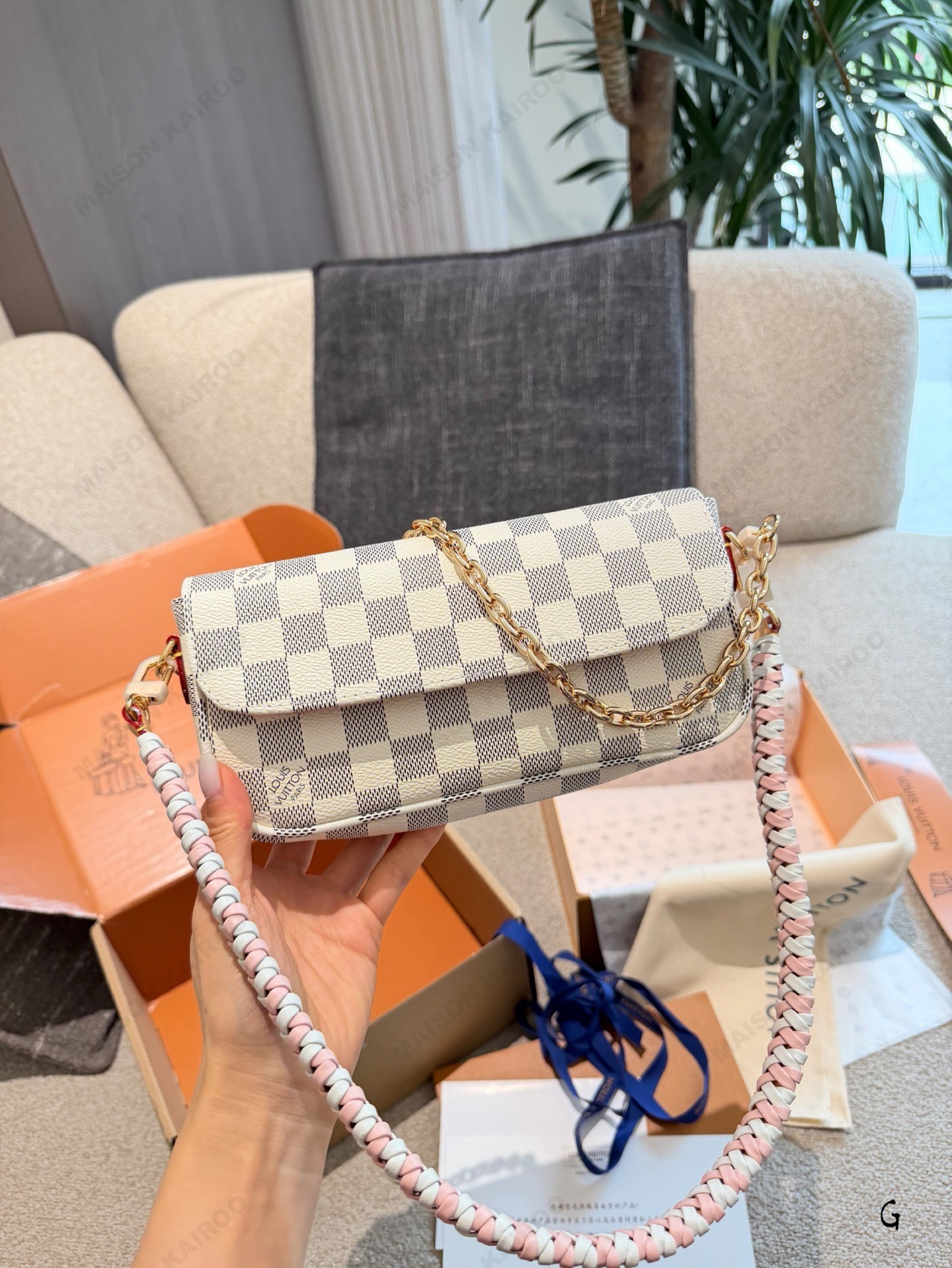 Louis Vuitton LV Ivy WOC Damier Azur Coated Canvas Braided Leather Strap Baguette Hobo Shoulder Bag - KAIROO