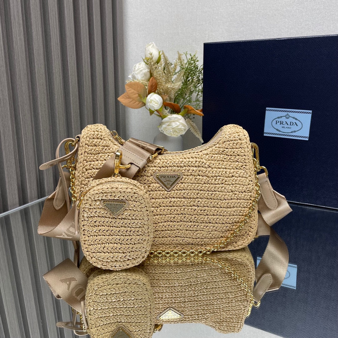 Prada  WOVEN HOBO BAG 23 IN BEIGE RAFFIA GOLD HARDWARE TRIANGLE LOGO