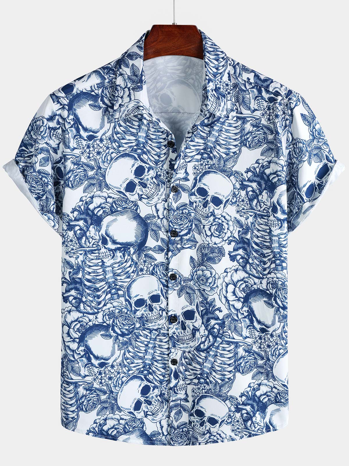 Men's Blue Floral Skull Punk Rock Button-Up Short Sleeve Shirt