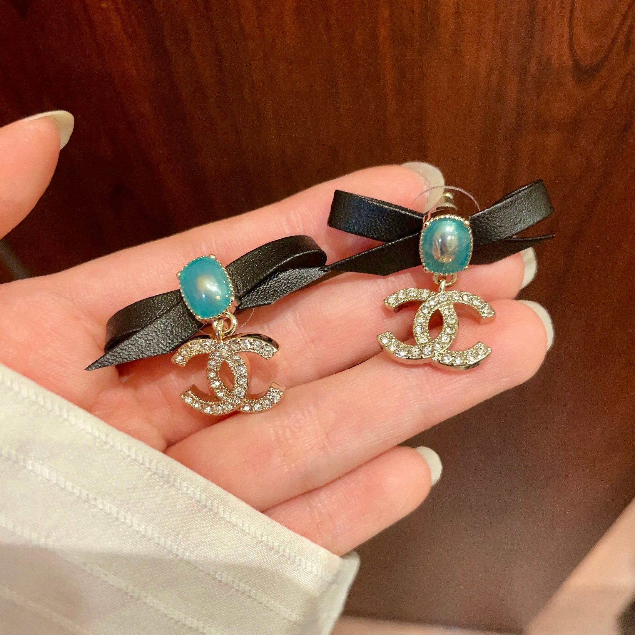 Chanel Leather Bow Blue Stone Crystal CC Drop Earrings - KAIROO