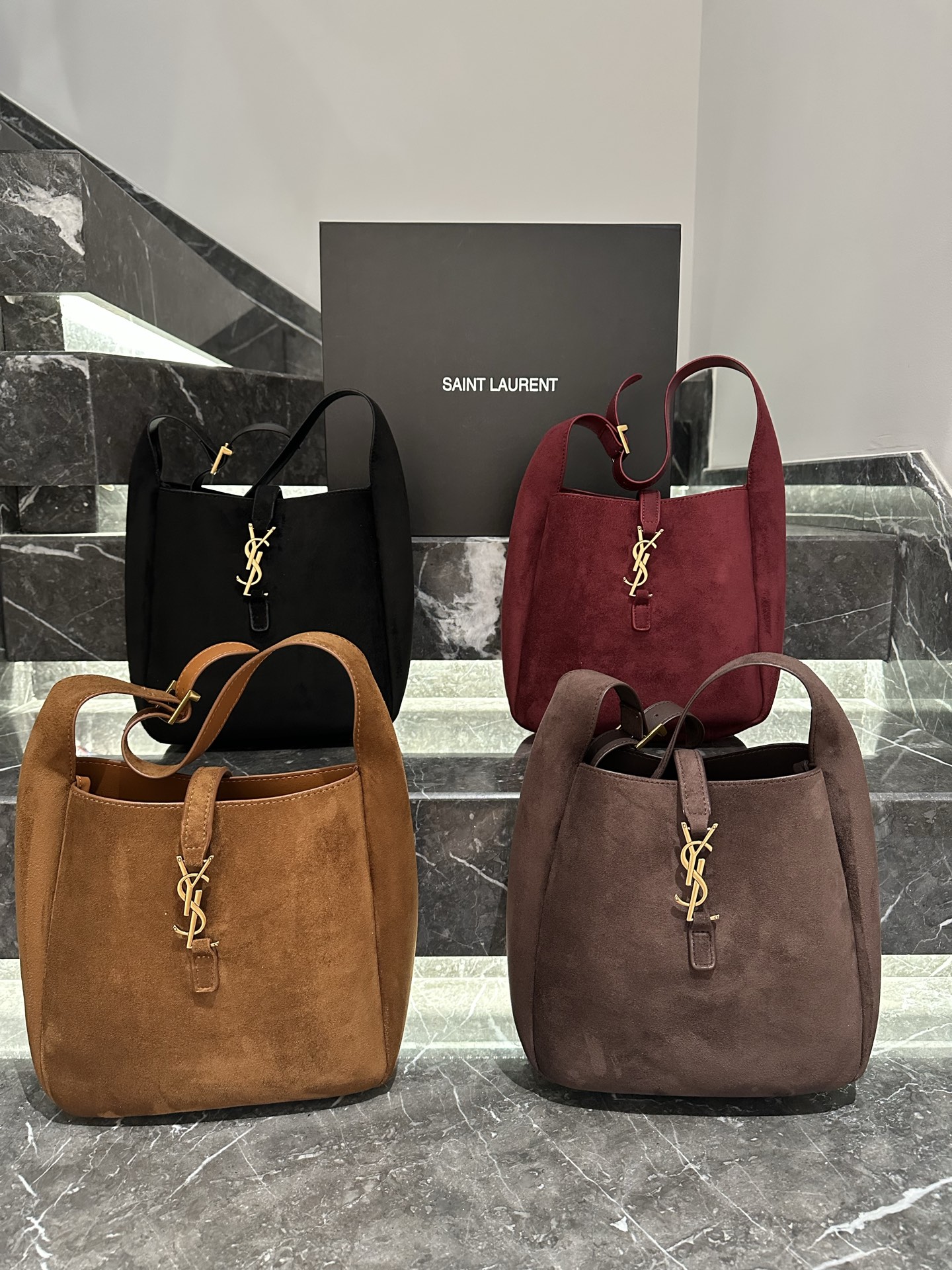 Saint Laurent 5 à 7 Suede Interlocking YSL Hook Closure Hobo Buckle Strap Shoulder Tote Bag - KAIROO