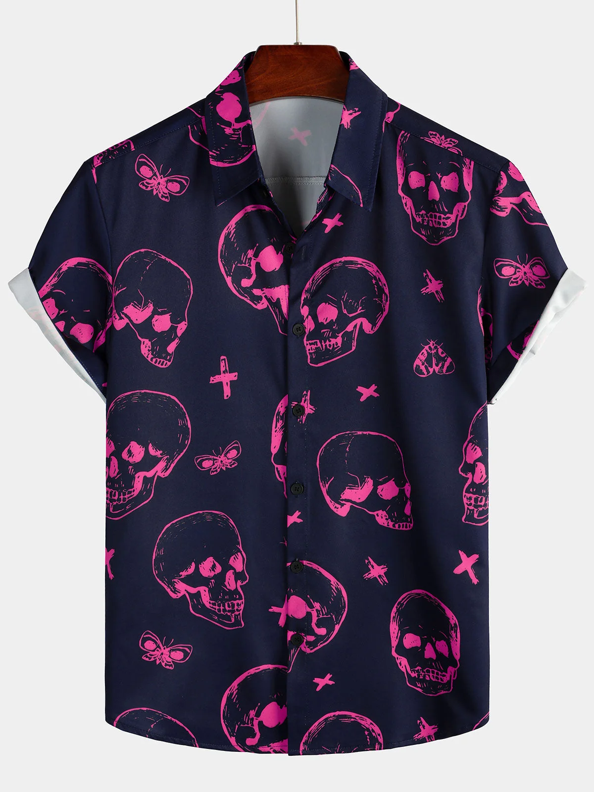 Men's Pink Skull Artistic Graphic Aloha Hawaiian Button-Up Short Sleeve Shirt