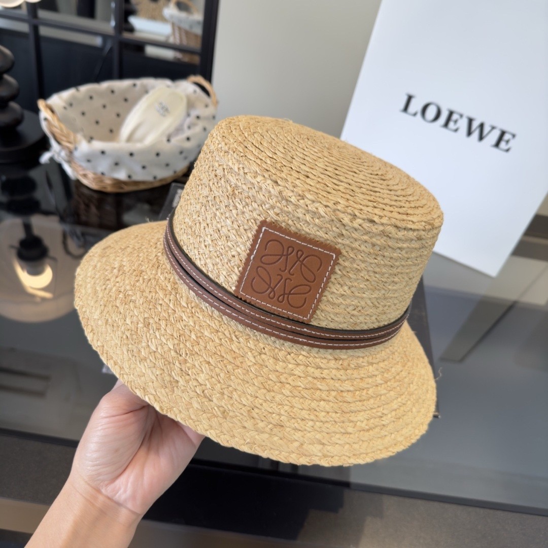 Loewe Natural Straw Hand-woven Raffia Leather Patch Detail Boater Hat - KAIROO